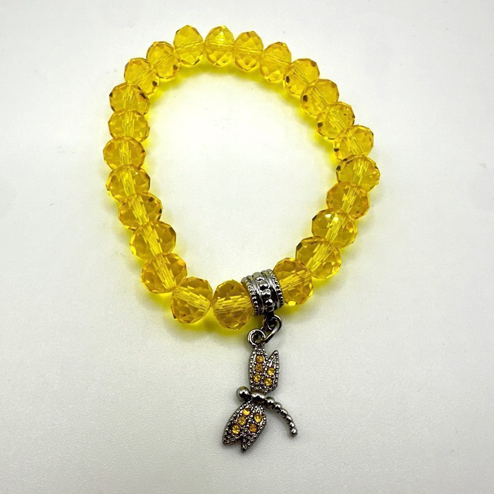 Faceted yellow‎ crystal glass beaded bracelet with dragon fly charm!